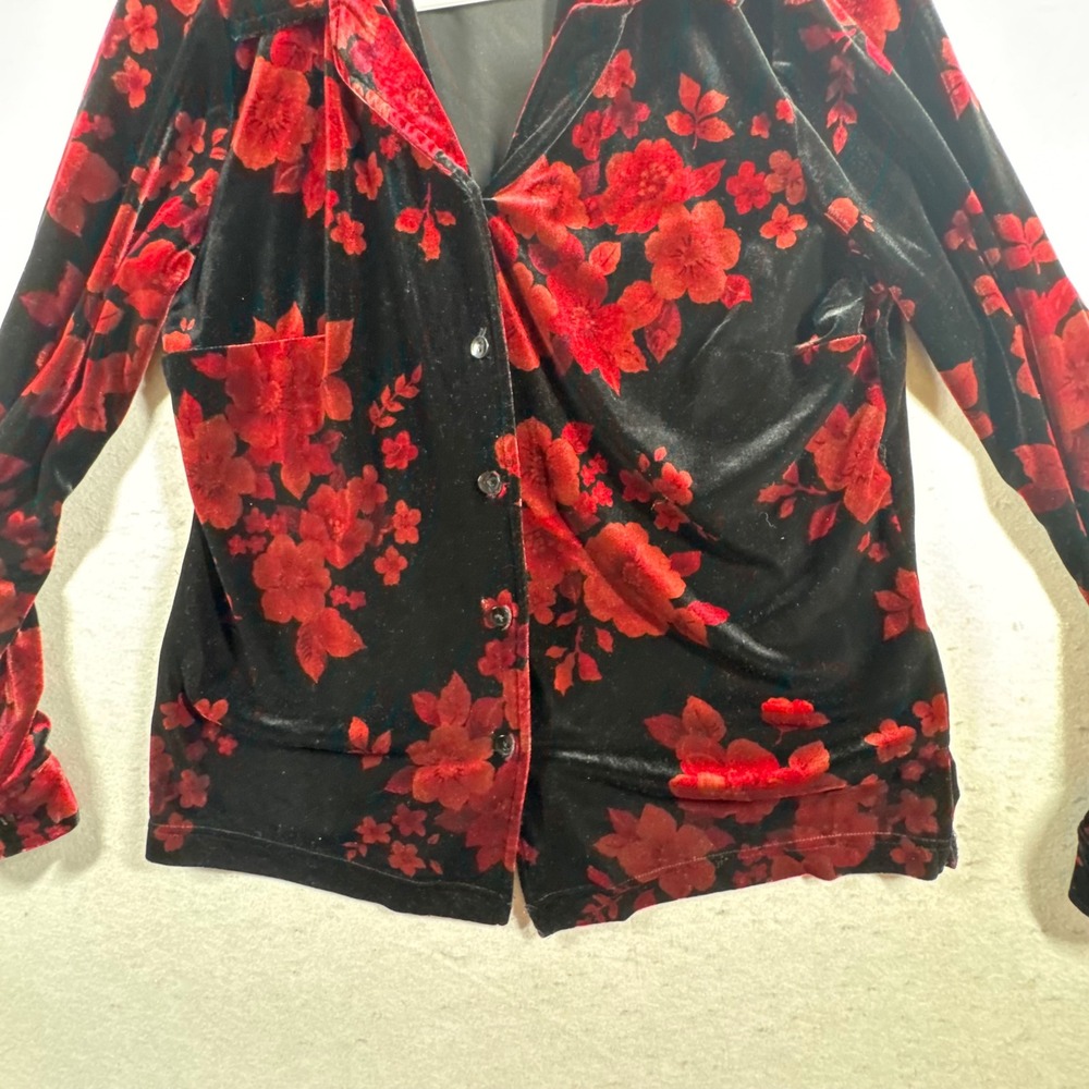 VTG Y2K Button Up Shirt Women Large Black Red Floral Velvet Goth Whimsigoth - Picture 7 of 10
